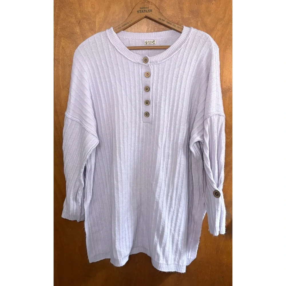 Free People Around The Clock Pullover Sweater Ribbed Henley Oversized Lavender